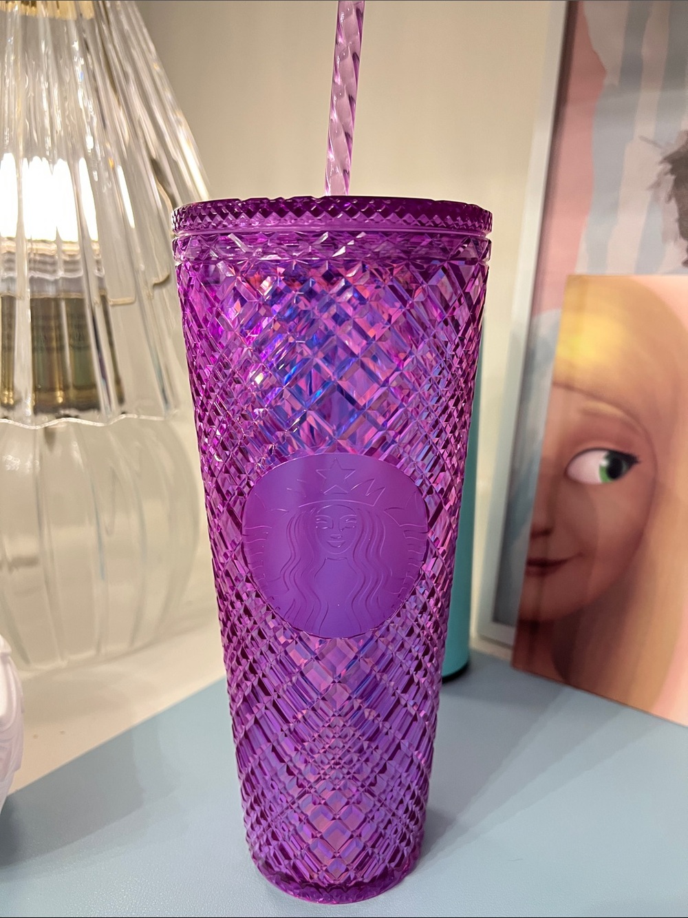 Starbucks Iridescent Purple Diamond-Pattern Cold Cup with Twisted Straw
